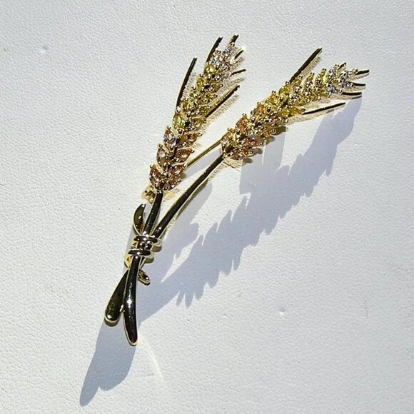 Vintage Elegant Brooch Strands of Wheat with Rhinestones - Picture 1 of 3